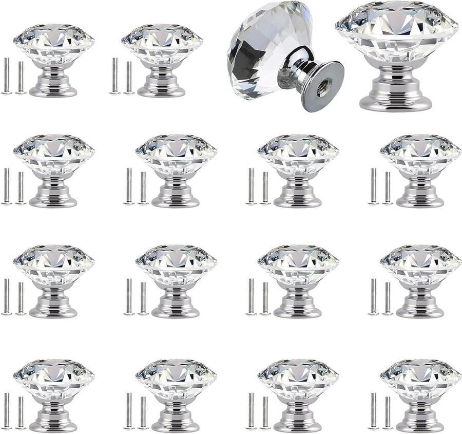 JGS Premium Lade Kast Knoppen 30mm kristallen kastknoppen Set van 16 stuks met schroeven Meubelladegrepen in 2 maten