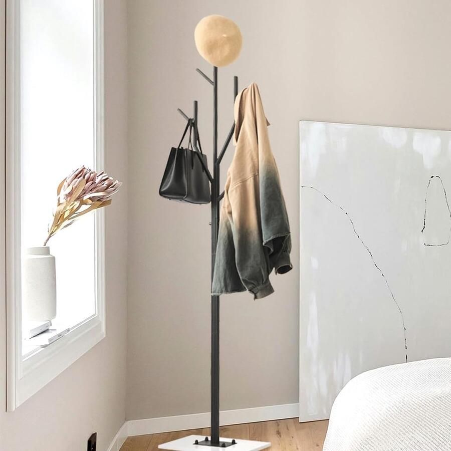 JGS Stijlvolle Vrijstaande Kledingstandaard van Metaal met Marmeren Basis Boomvormig Ontwerp Zwart