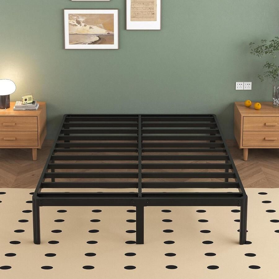 Allecto premium Metalen bed 140x200cm met ronde poten hoogte 36cm Jeugd bedframe met metalen lattenbodem Zwart