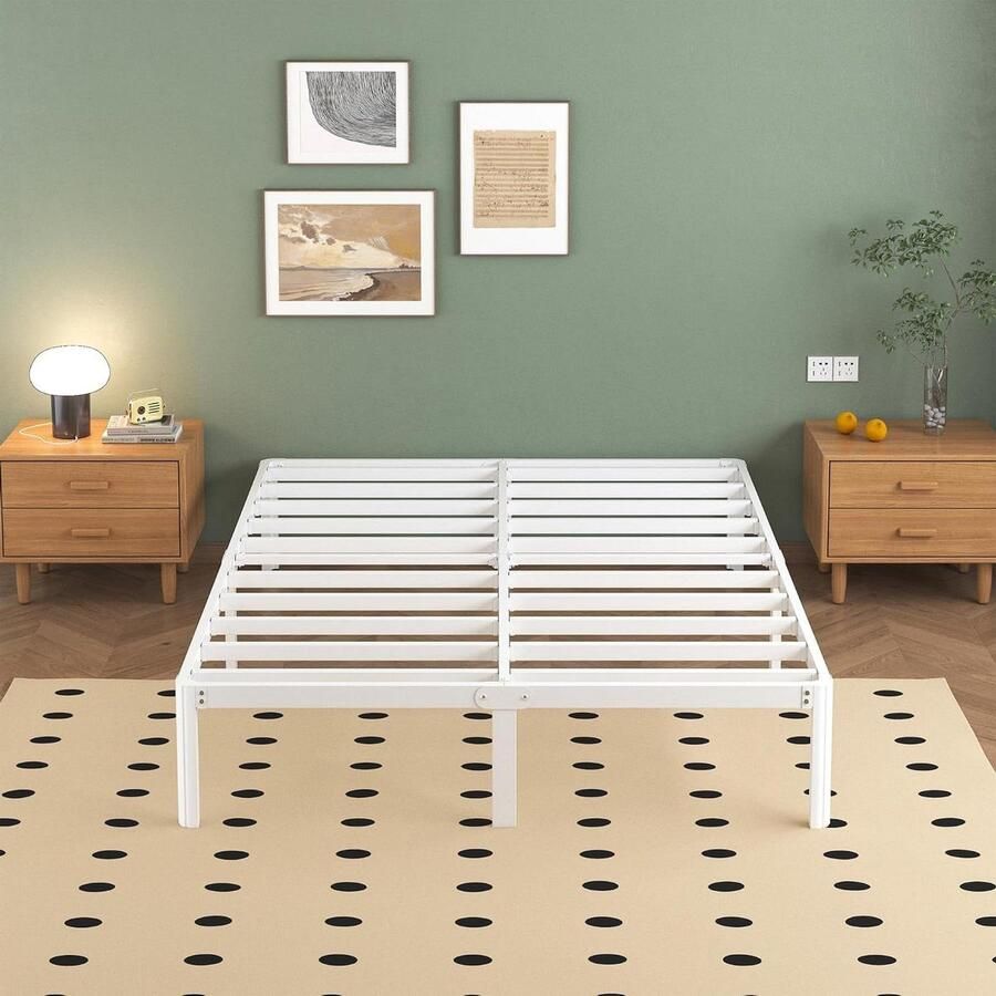 JGS Premium Metalen bedframe 160x190 cm met ronde poten Dubbelbed met lattenbodem Wit