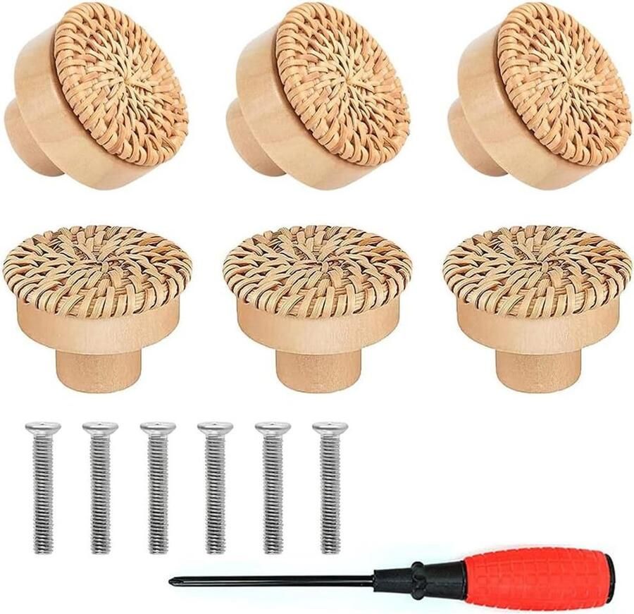 JGS Premium Meubelknoppen van Houten Rotan voor Deuren en Laden Natuurlijke Kastknoppen Set van 6 Boho Decoratie