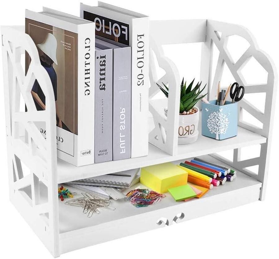 JGS Premium Mini Bureau Boekenplank met 2 lagen in Witte matte afwerking voor Woonkamer en Kantoor Desktop Boekenplank DIY Houten Display Boekenkast Studeerkamer Slaapkamer Afmetingen 30 * 21 * 40cm