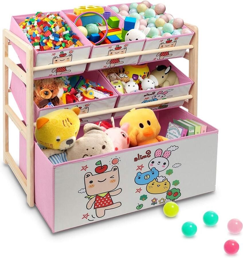 JGS Premium Multifunctionele stoffen kinderkast met opslag Kinderspeelgoedplank met 3 lagen en 6 verwijderbare bakken Ideaal voor kinderkamer en slaapkamer