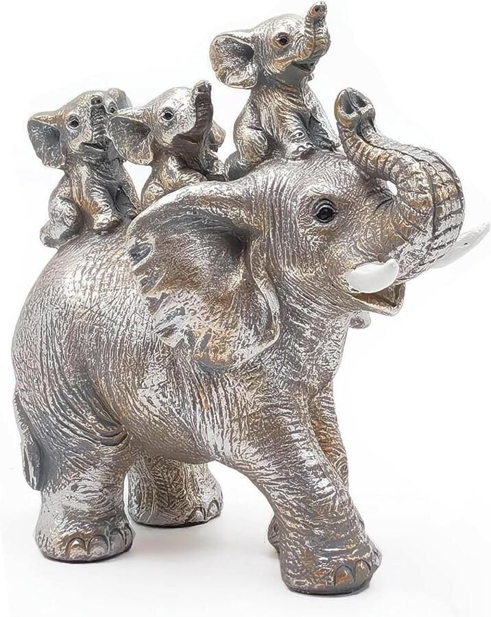 JGS Premium Olifantendecoratie voor woonkamer kantoor boekenkast Zilverkleurig met mamacadeau olifantenmoeder draagt drie baby's op rug