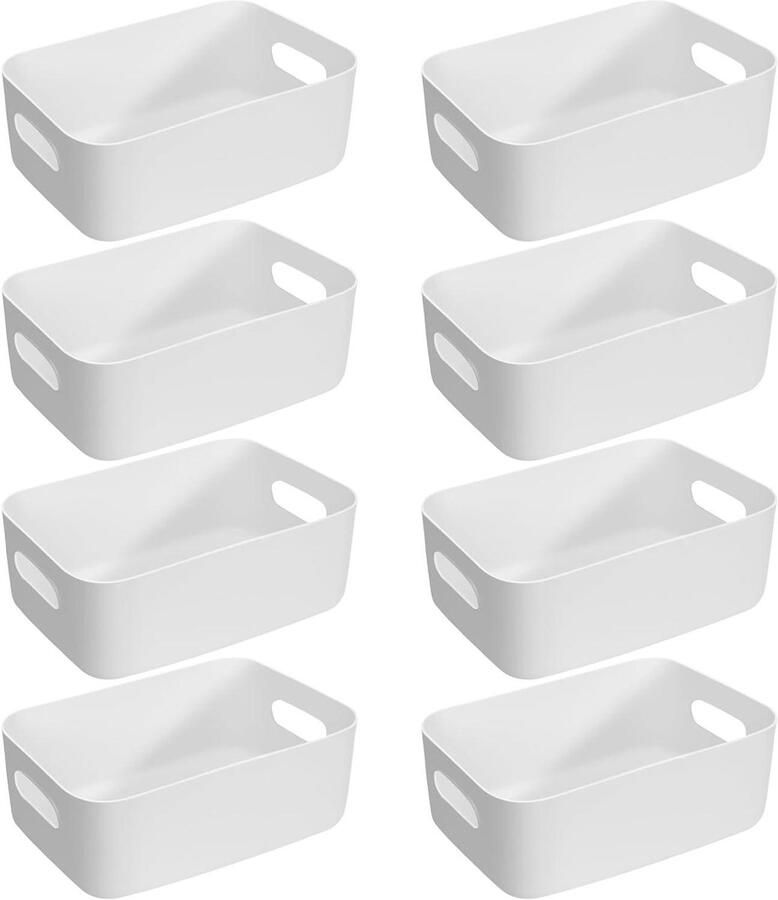 JGS Premium Opbergdozen Set van 8 stuks Wit Kunststof Handgrepen 30 x 20 x 12 cm Keuken Kast Organizer Badkamer Keuken Eetkamer Opbergmanden