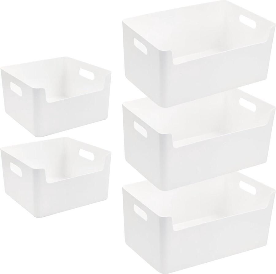 JGS Premium Opbergdozen voor keuken en badkamer Set van 5 Witte Plastic Dozen met Handgrepen Opbergdozen 30 x 21 x 15 cm