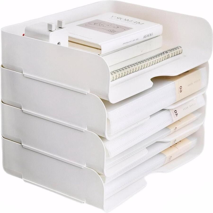 Allecto Premium Stapelbare 4-Laags Opbergmand A4 in het Wit voor Kantoorartikelen en Thuisgebruik (4 Stuks)