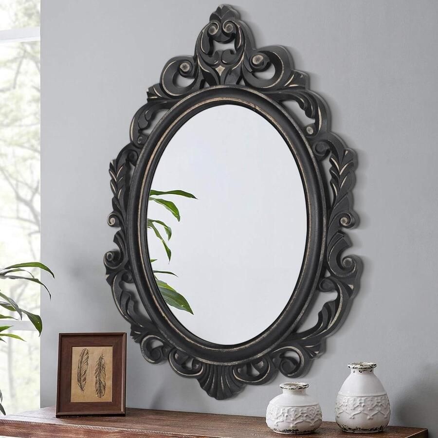 JGS Premium Ovale Vintage Wandspiegel Barok Stijl Zwart Houten Frame Antieke Esthetische Spiegel voor Slaapkamer en Woonkamer Decoratieve Opknoping Muur Spiegel met Traditionele Gesneden Details Kaptafel en Keuken Accessoire