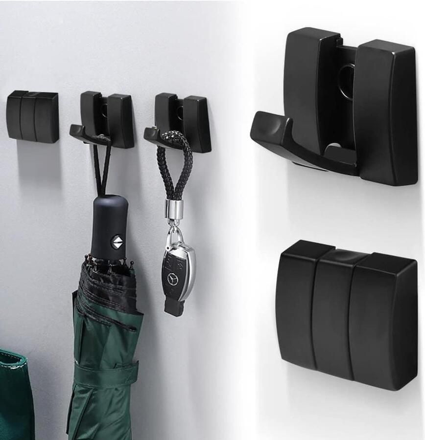 JGS Premium Pack van 2 Opvouwbare Haken voor Aan de Muur Kledinghaken Ophanghaken Zwarte Opvouwbare Kapstokhaken Aluminium Wandhaken voor Keuken