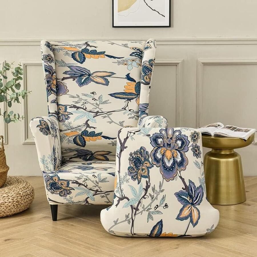 JGS Premium Rekbare hoes voor oorfauteuil 2-delig zetelovertrek met T-kussensloop antislip zetelhoes voor woonkamer hotel en slaapkamer maïsmaanbloemmotief