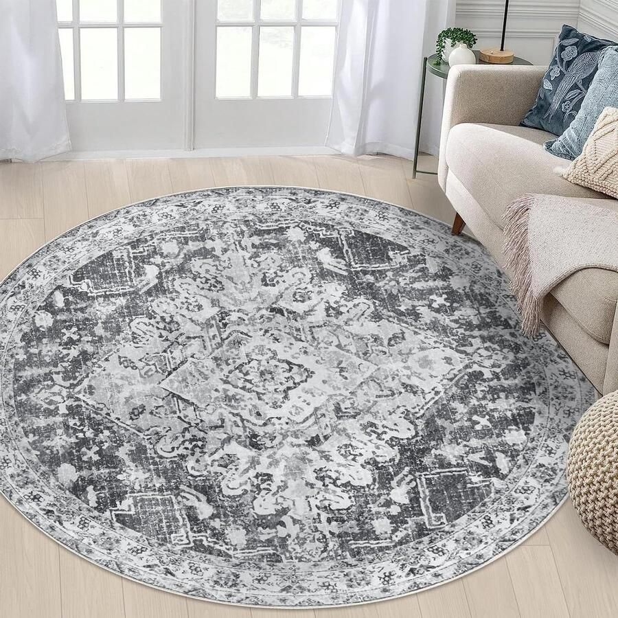 JGS Premium Rond vloerkleed 160 cm Wasbaar tapijt Laagpolig donkergrijs Woonkamer Slaapkamer Eetkamer