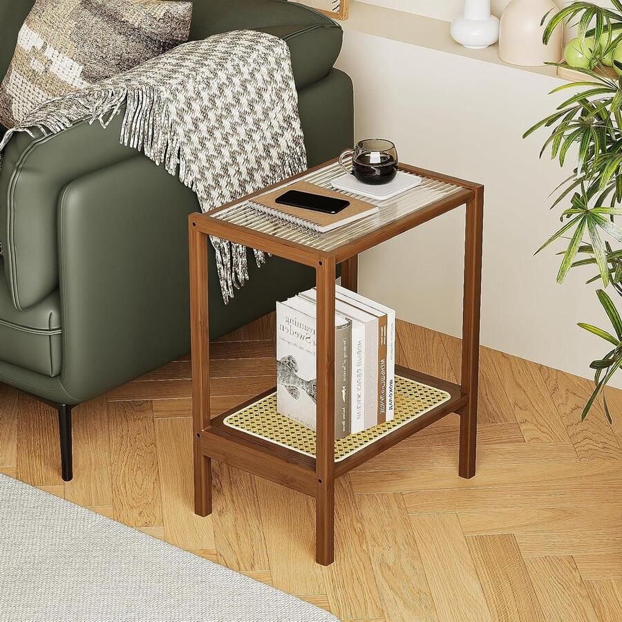 JGS Premium Rotan bijzettafel met glazen blad en opslag geschikt voor woon- en slaapkamer met een vleugje Boho stijl