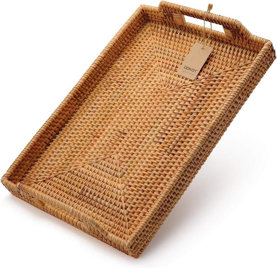 JGS Premium Rotan Dienblad Theebakken Rechthoek Handgrepen Salontafel Woondecoratie Natuurlijk Dienblad voor Eten en Drinken 43x29x4.5cm