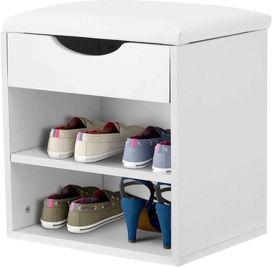 JGS Premium Schoenenbank met opbergruimte en PU-zitkussen in wit Schoenenrek met laden Opbergkruk voor schoenen 405 x 302 x 42 cm Ruime opbergmogelijkheden