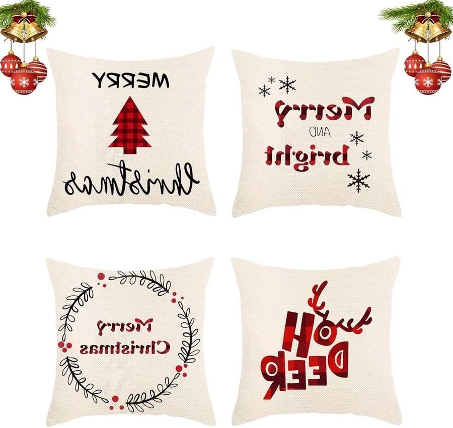 JGS Premium Set van 4 fluwelen kussenslopen 45 x 45 cm kerstdecoratie voor bank en slaapkamer woonkamer accessoires met boom- en hertenmotief