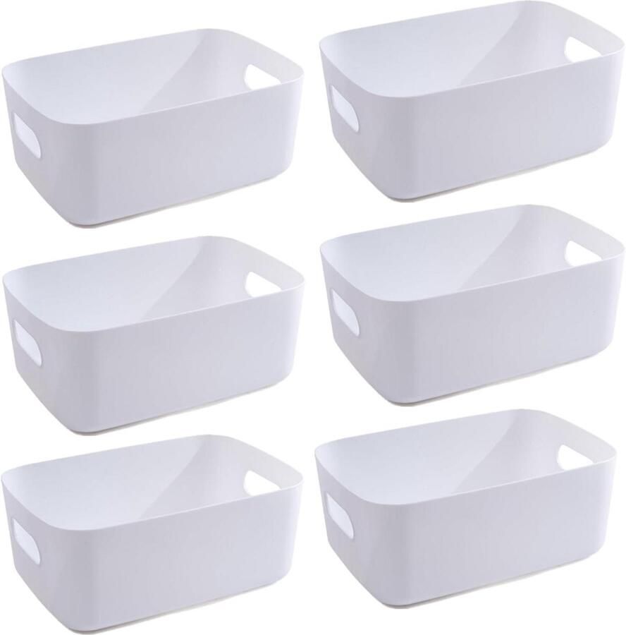 Allecto Premium Set van 6 Witte Opbergmanden Multifunctionele Kunststof Opbergdozen voor Kantoor en Keuken Organiser met Handgrepen Opbergsysteem voor Badkamer en Kast 20x14x7cm