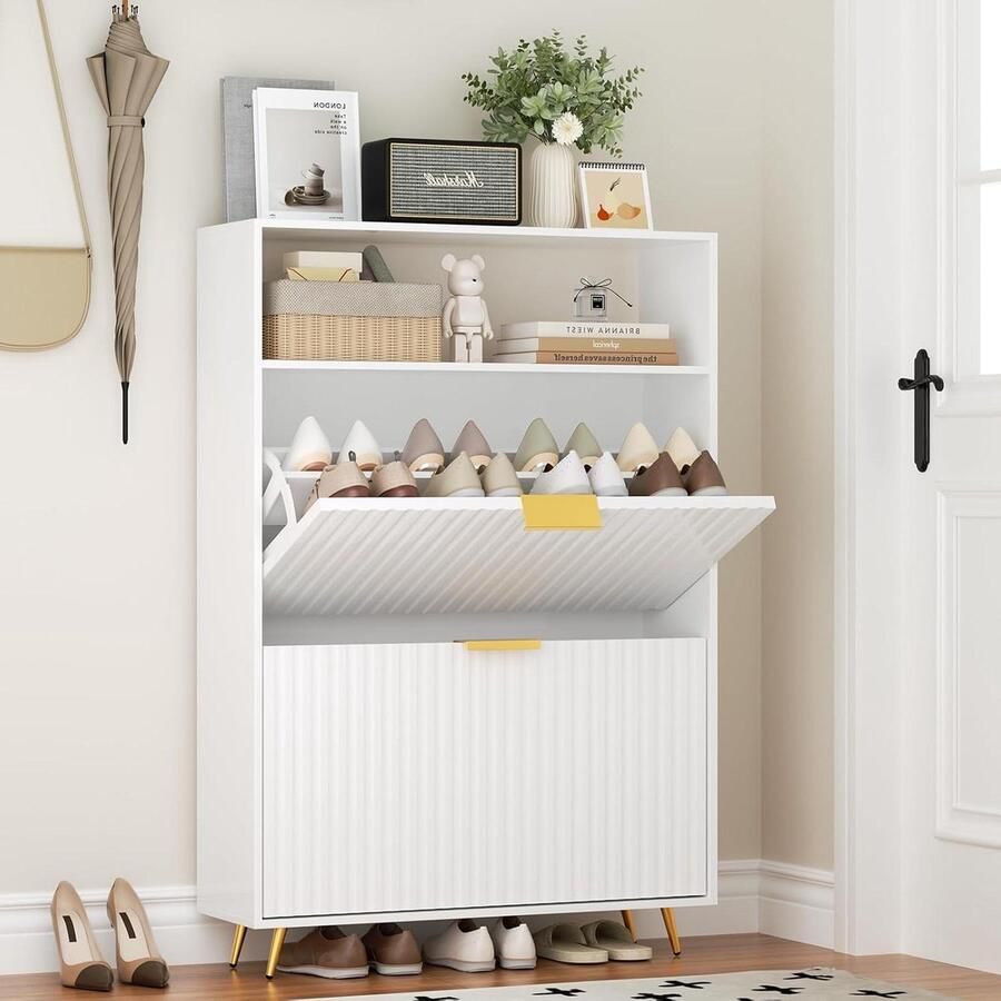 JGS Premium Schoenenkast wit met 2 kleppen en metalen poten voor hal 75 x 24 x 116 cm