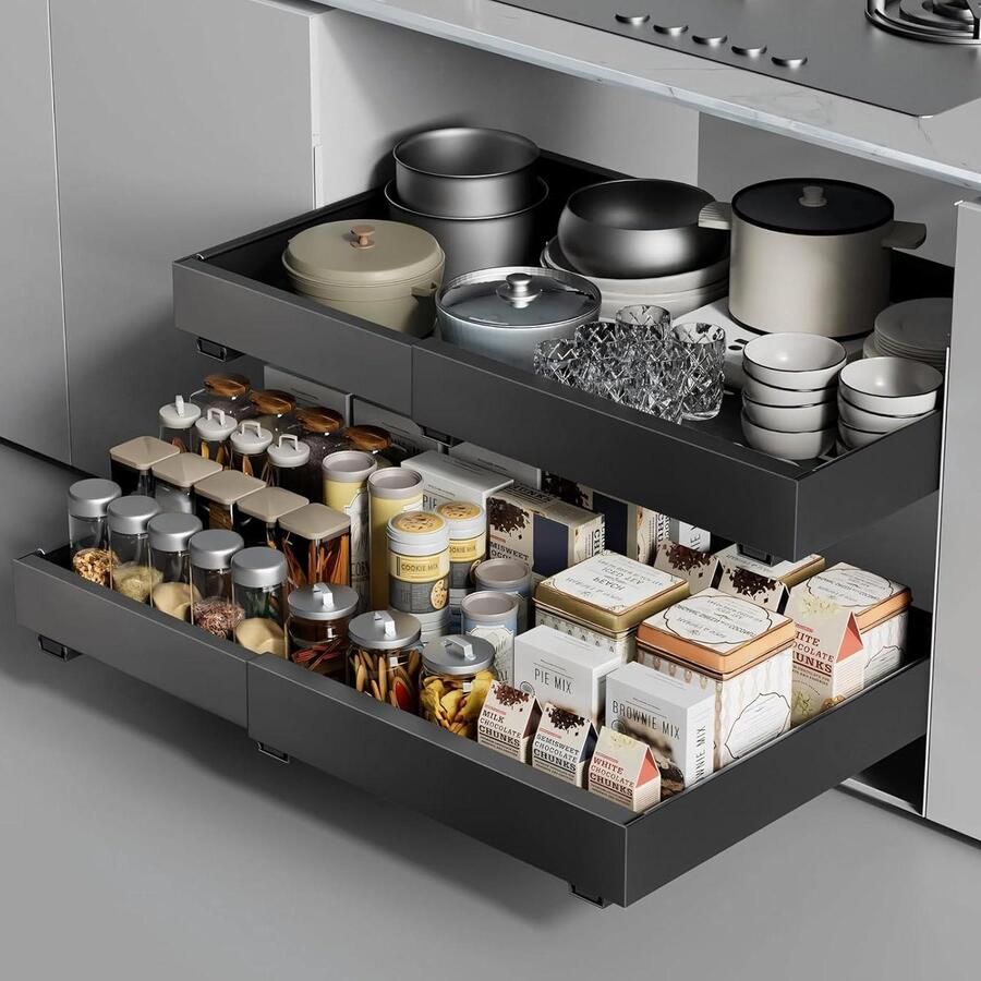 JGS Premium Telescopische lade opbergplanken voor keukenkasten Uittrekbaar Zwart Ruimtebesparend Geen boren nodig