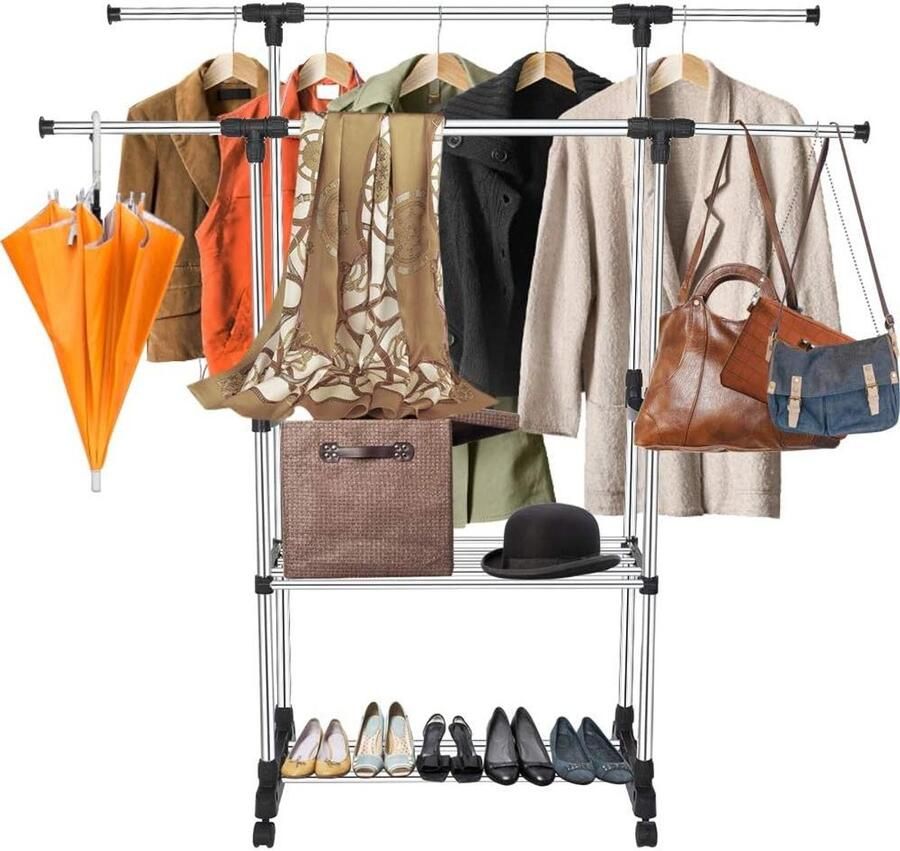 JGS Premium Uitschuifbaar Kledingrek met Wielen en Multifunctioneel Staal Kledingstuk Rack voor Ophangen Kleding Extra Opslagmogelijkheid