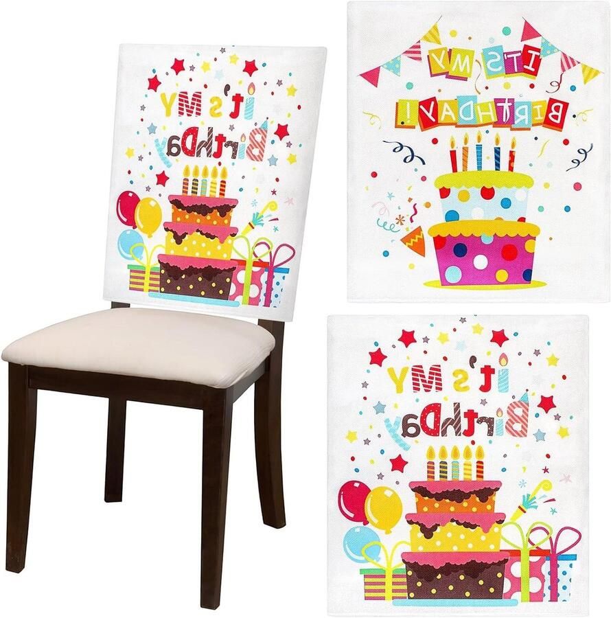 Allecto Premium Verjaardagsstoelhoes: 2 stuks kleurrijke cupcake-stoelhoezen voor kinderverjaardag en feestdecoratie