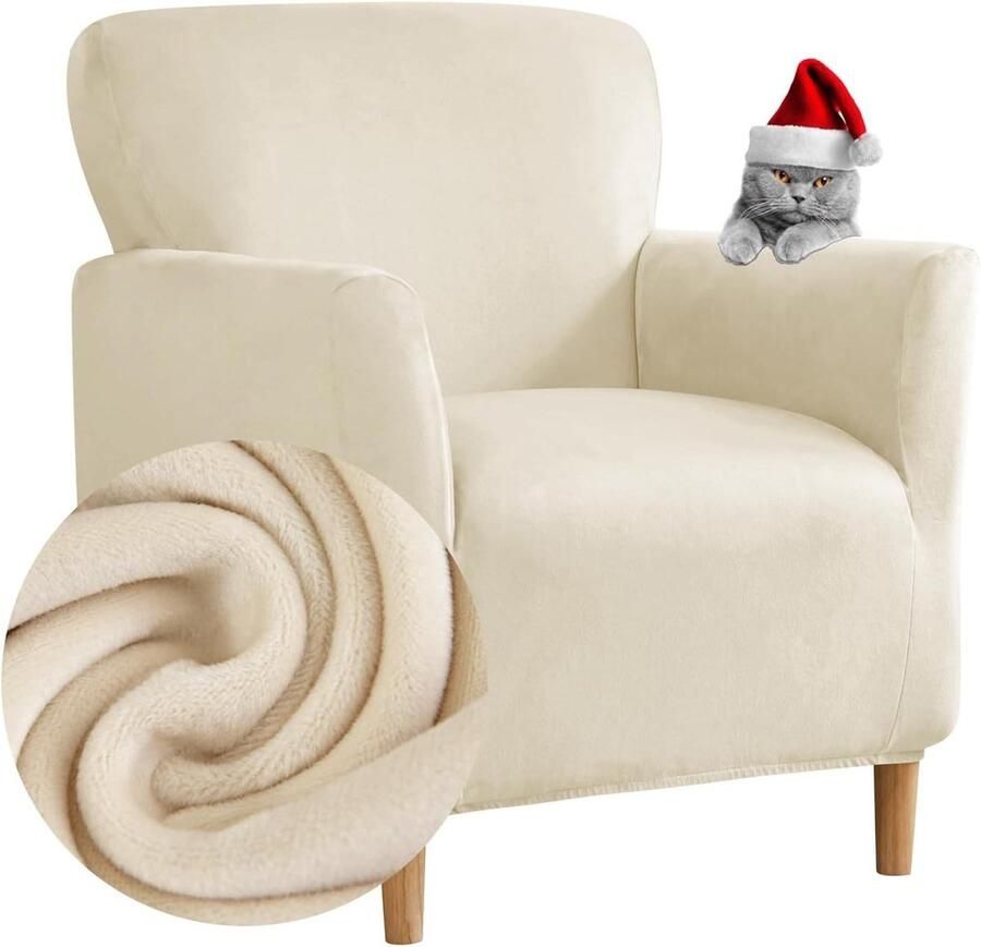 Allecto Premium Elastische fauteuilhoes fluweel 1-zits clubfauteuil met armleuningen zacht universeel afneembaar en wasbaar hotel en woonkamer beige comfortabel en stijlvol