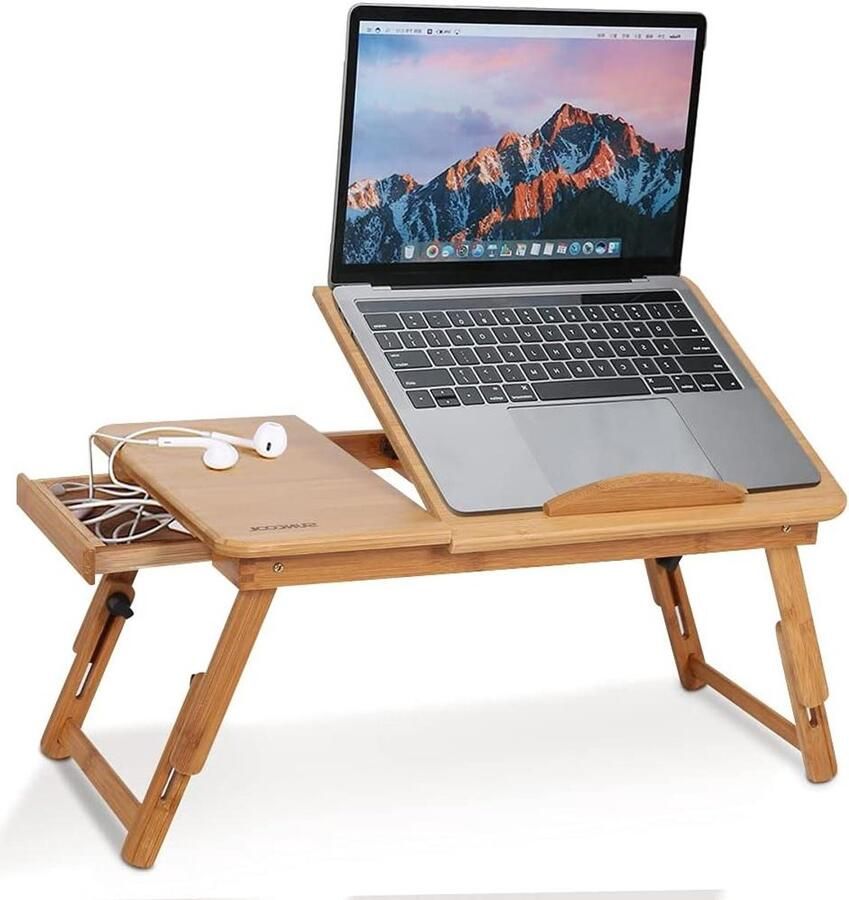 JGS Premium Verstelbaar Bamboe Lapdesk Bedtafel met Lade en Koelgaten Multifunctioneel Lapdesk voor Laptop 58 * 25 * 20cm Bureau voor Bed en Bank Eettafel Tekentafel