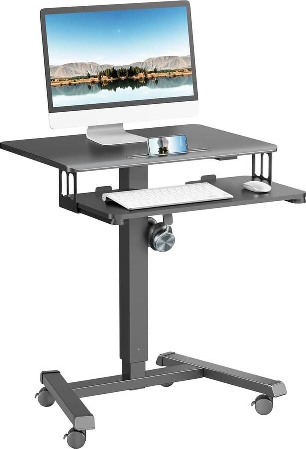 JGS Bureau met Verstelbare Hoogte en Toetsenbordlade Mobiele Laptoptafel met Wielen Ergonomische Overbed Tafel Zwart