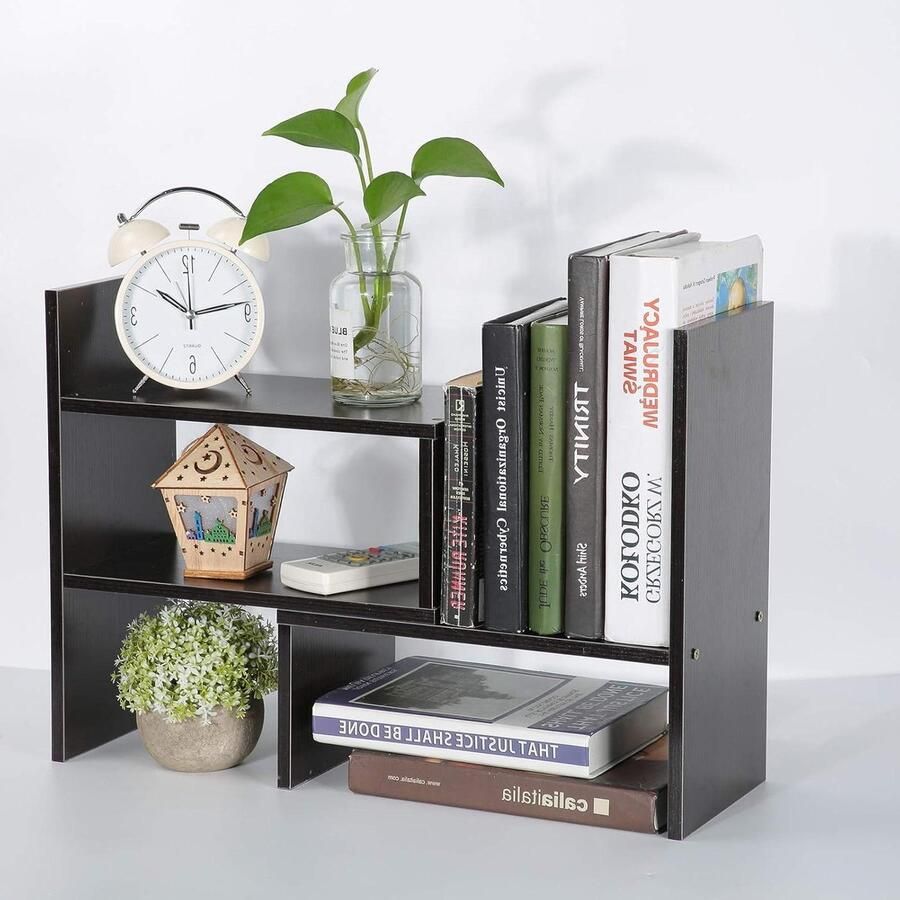 JGS Premium Verstelbare Desktop Boekenplank Bureaurek voor Thuis en Kantoor Houtkleur (Walnoot Zwart) met opbergplank voor Bureau DIY Tafelopbergrek met Displayplank