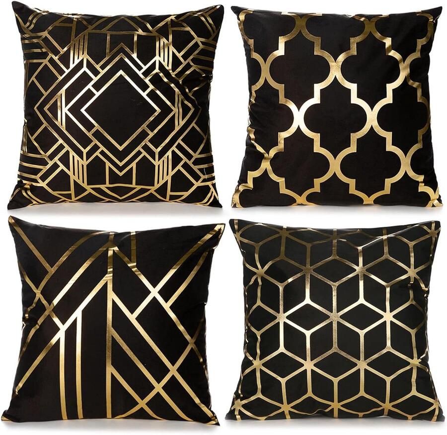 JGS Premium Vier fluwelen kussenslopen voor decoratie in woonkamer en slaapkamer. Dubbelzijdige kussenhoezen voor bank. 45 x 45 cm. Zwart en goud