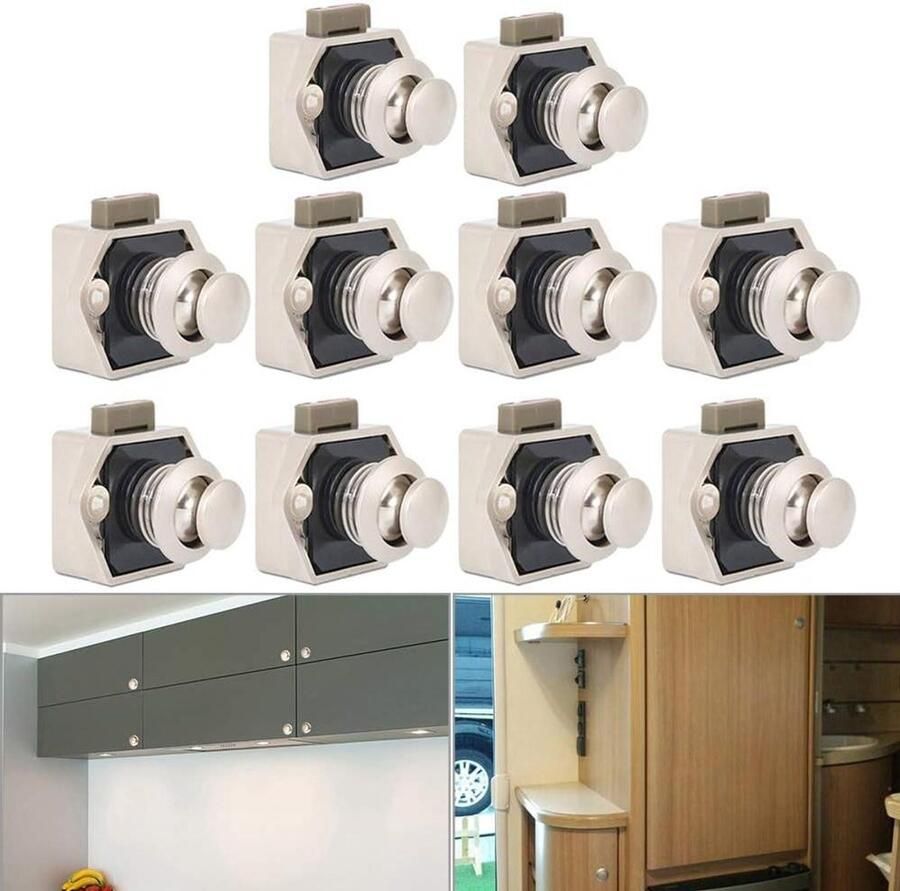 JGS Premium Voor 10 stuks Push Buttons Catch Slot Metaal Draaiknop Slot voor Camper Caravan Jacht Laden en Kastdeuren (Parel Nikkel)