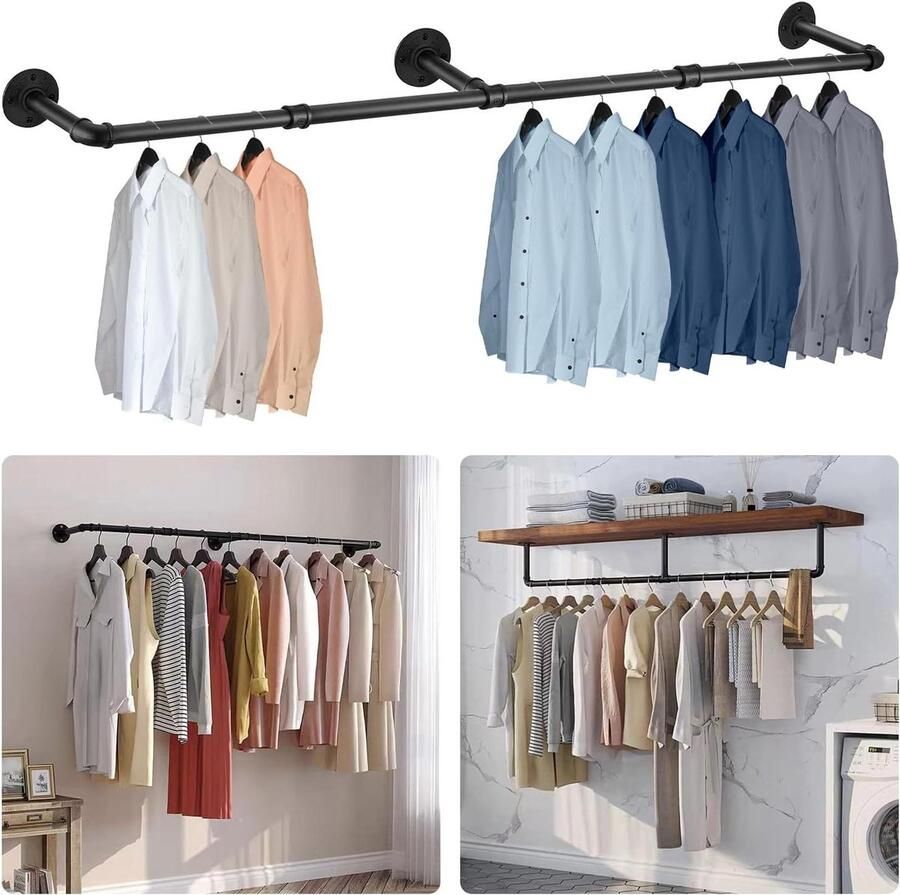 180cm Wall Mounted Industrial Clothes Rail Metal Heavy Duty Detachable Hanging Rails for Clothes Tidy Rail for Bedroom Wardrobe (180CM)