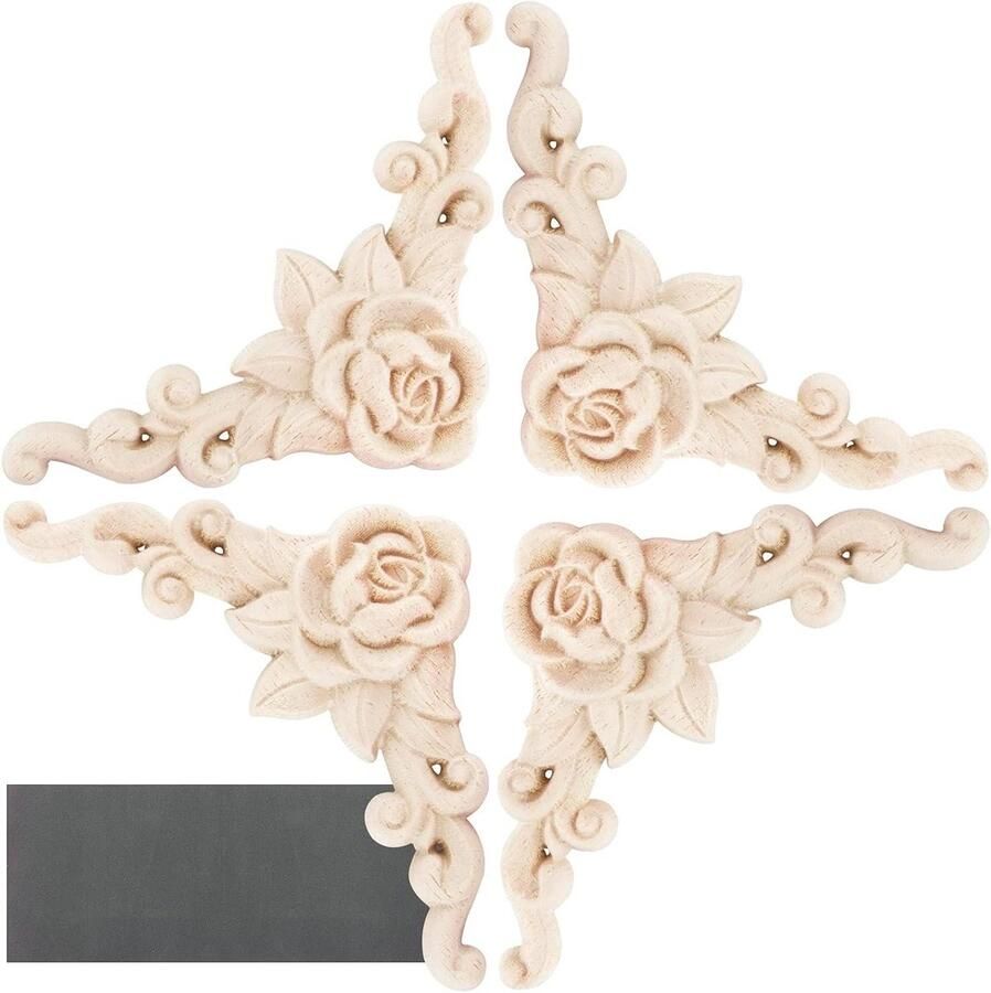 JGS Premium Wandlamp Rozenbloesem Houtsnijwerk Set van 4 Decoratieve Sierlijst Onbehandeld 8 x 8 cm Schuurpapier Wandkast Deur Meubels Huisdecoratie