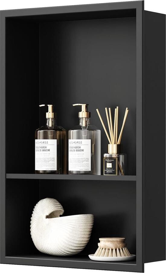 JGS Stijlvolle Zwarte Wandnis Doucheopslag met Dubbele Schap van Roestvrij Staal 45 x 30 cm