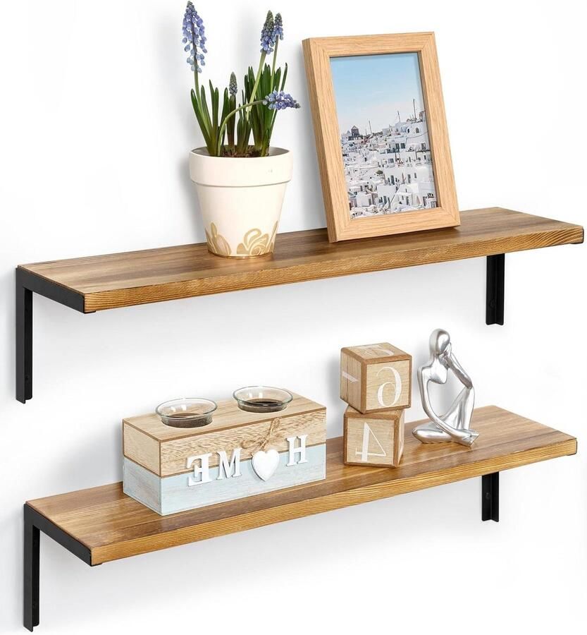JGS Premium Wandrek hout set van 2 metalen planken zwevende planken decoratie opbergplanken voor keuken badkamer 60 cm Natuurlijke uitstraling