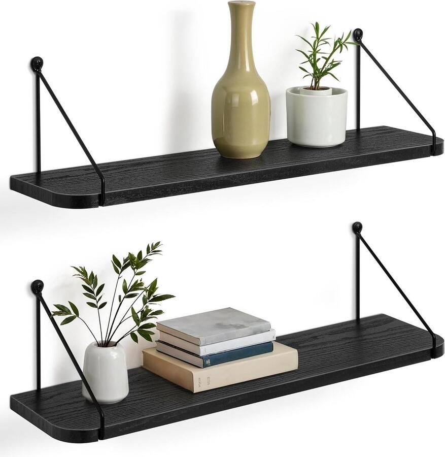 Allecto Premium Zwevend wandrek van zwart hout en metaal 60 cm lang modern design met zwevende plank muur hangrek decoratief opbergrek