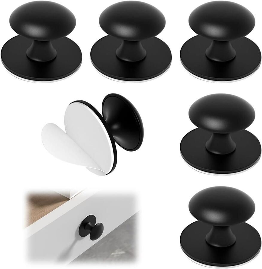 JGS Premium Zelfklevende meubelknoppen Set van 6 Ronde zwarte meubelgrepen Roestvrij staal Zonder boren Voor laden douchedeuren spiegelkasten en meer Zwart