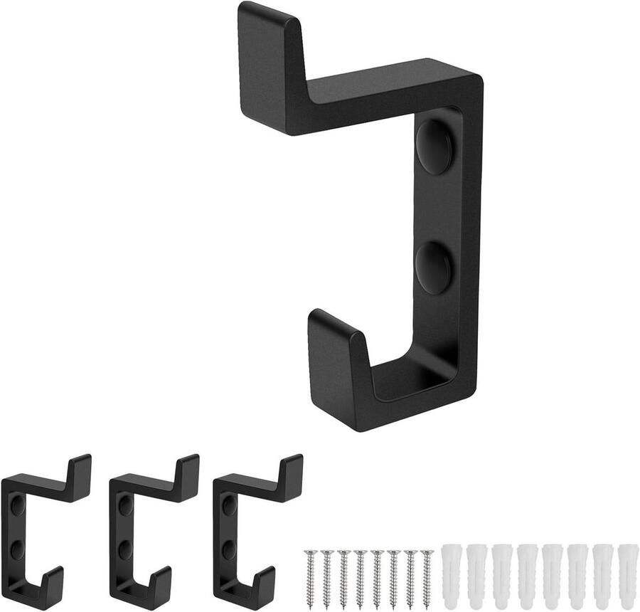 Allecto Plus Wandhaken Set van 4 in Zwart Dubbele Garderobehaken 15 mm Praktisch voor Garderobe Badkamer en Keuken