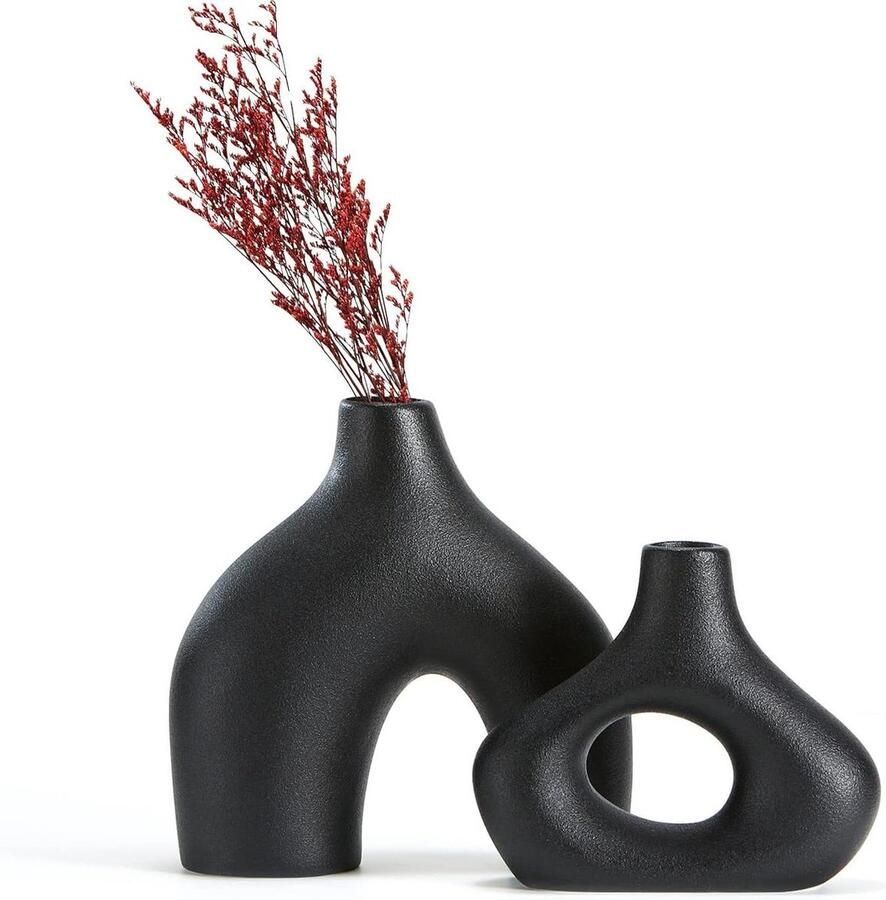 JGS Premium Zwarte keramische vaas set van 2 voor moderne boho stijl decoratie vazen voor woonkamer en bruiloft Nordic minimalistisch design ideaal voor diner tafel feest kantoor en slaapkamer divers en uniek formaat