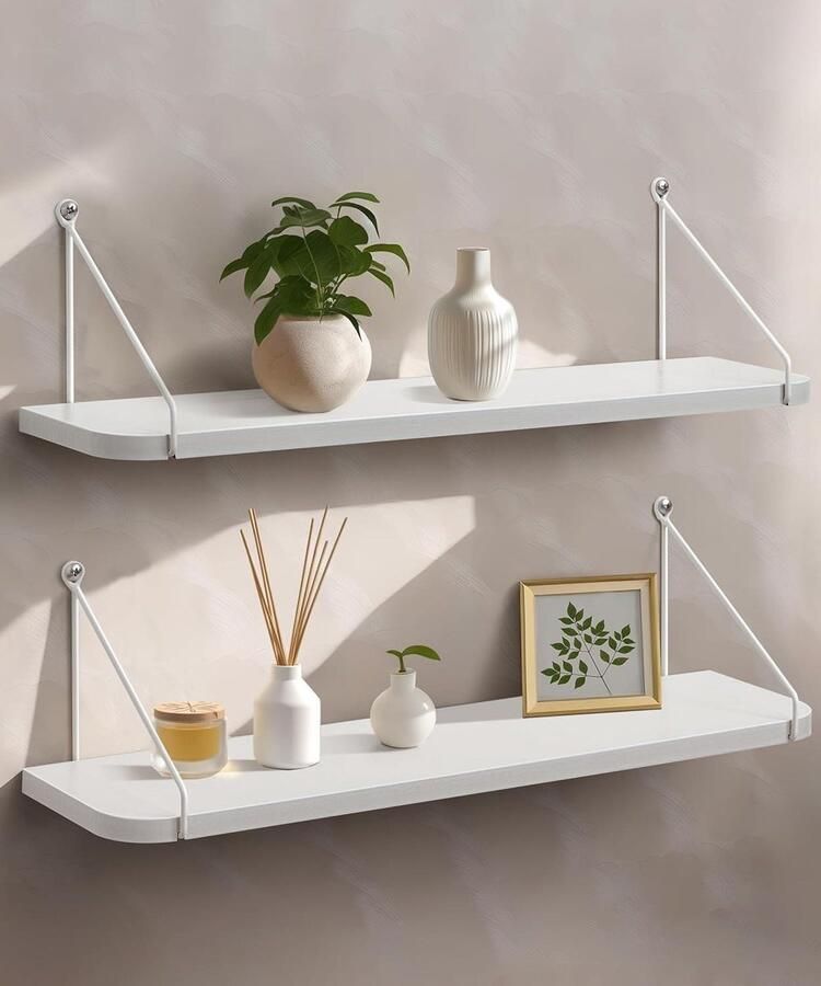 Allecto Premium Zwevend wandrek wit hout 60 cm lang metaal modern Plank wandhangrek opbergrek