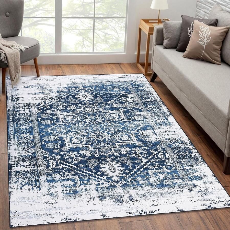 JGS Retro Tapijt met Kleurverloop Blauw 120x170 cm Oosters Sneeuwvlokken Medaillon Design Pluisvrij voor Thuis Kantoor Woonkamer en Slaapkamer