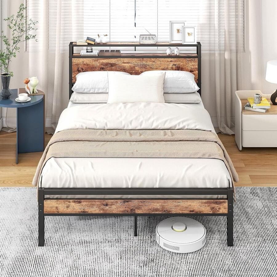 JGS Stijlvol Metalen Bed 120 x 200 cm met Opberghoofdeinde voor Kinderkamer of Logeerkamer