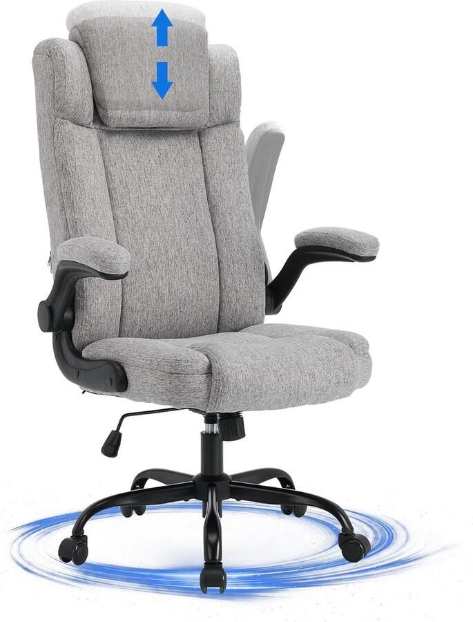 JGS Bureaustoel 150 kg draagvermogen Ergonomische directiestoel met opklapbare hoofdsteun Bureaustoel Stof met draaibare wielen Opklapbare armleuningen 110° schommels
