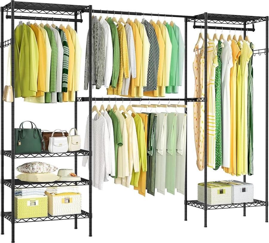 JGS Robuuste Zwarte Kledingrek met Schoenenplanken Uitrekbare Garderobestandaard van Metaal Geschikt voor 360 kg Omvangrijk en Ruimtebesparend Ontwerp