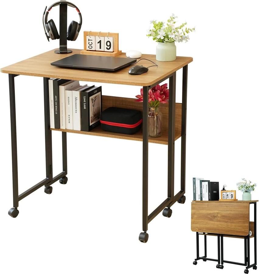 JGS Ruimtebesparend Klapbureau op Wielen 80 cm Breed Computertafel met Plank Industrieel Design Retro Kleur