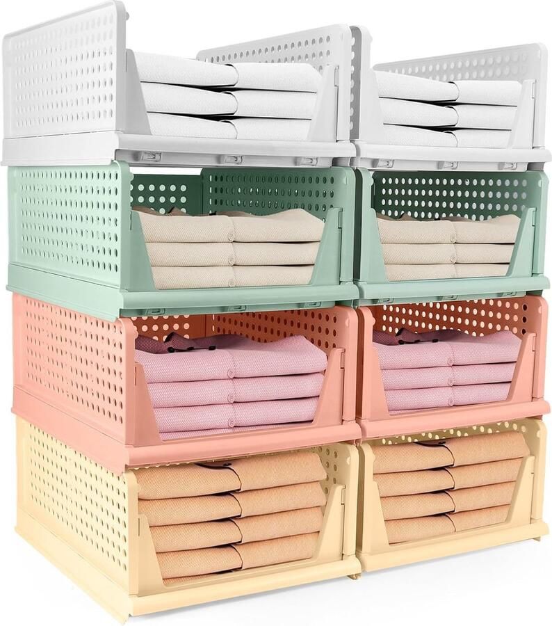 JGS Ruimtebesparende kledingkast ladeboxen Set van 4 Uittrekbare stapelbare opslagorganizer met glijrailontwerp