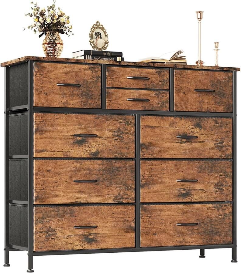 JGS Brede ladekast met 10 grote laden opbergkast van stoffen ladekast voor slaapkamer woonkamer kast entree robuust metalen frame 11 8 inch D x 39 4 inch B x 38 7 inch H rustiek