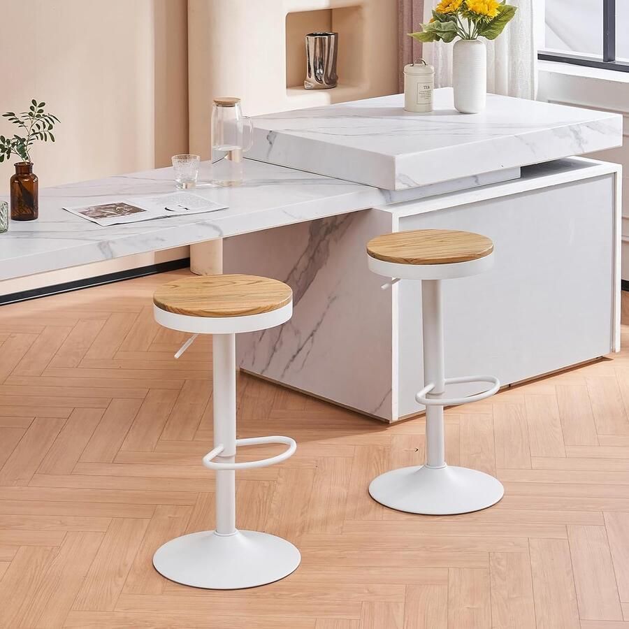 JGS Barkrukken Set van 2 Houten Barkrukken Hoge Barkrukken Metalen Frame 360° Hoogte Verstelbaar Draaibaar met Voetensteun Industrieel Wit