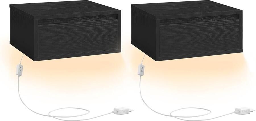 JGS Set van 2 Hangende Nachtkastjes met 3-Kleurenlamp Zwevend Wandrek met Lade Ebbenhoutzwart 35 x 40 x 18 cm