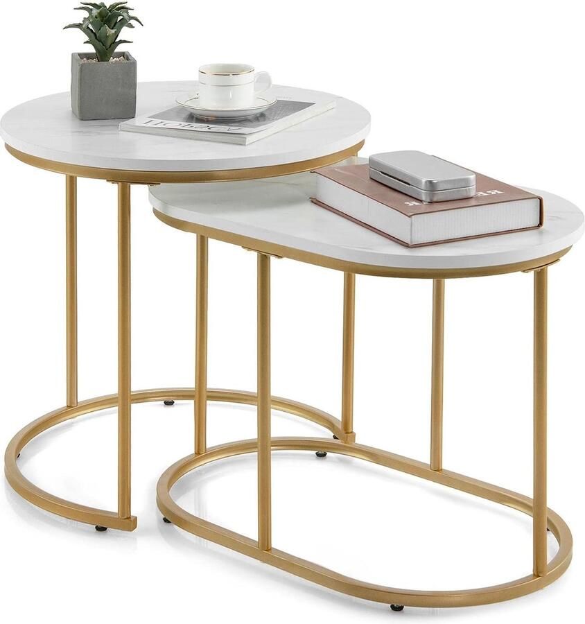 JGS Set van 2 bijzettafels Marmeren gouden salontafel Verschillende maten Woonkamertafel Opvouwbare salontafel Set tafel Modern design Nachtkastje Gouden metalen frame