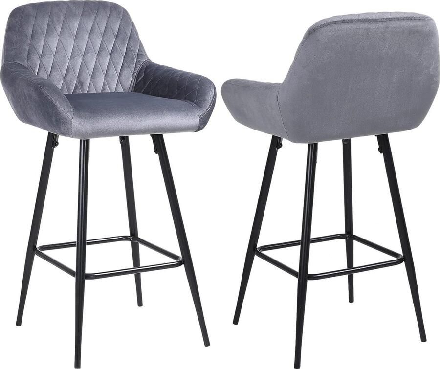 JGS Set van 2 Luxe Fluweel Barstoelen in Grijs met Arm- en Rugleuning Stijlvolle Hoge Krukken met Zwart Metalen Onderstel voor Huis Bar en Keuken